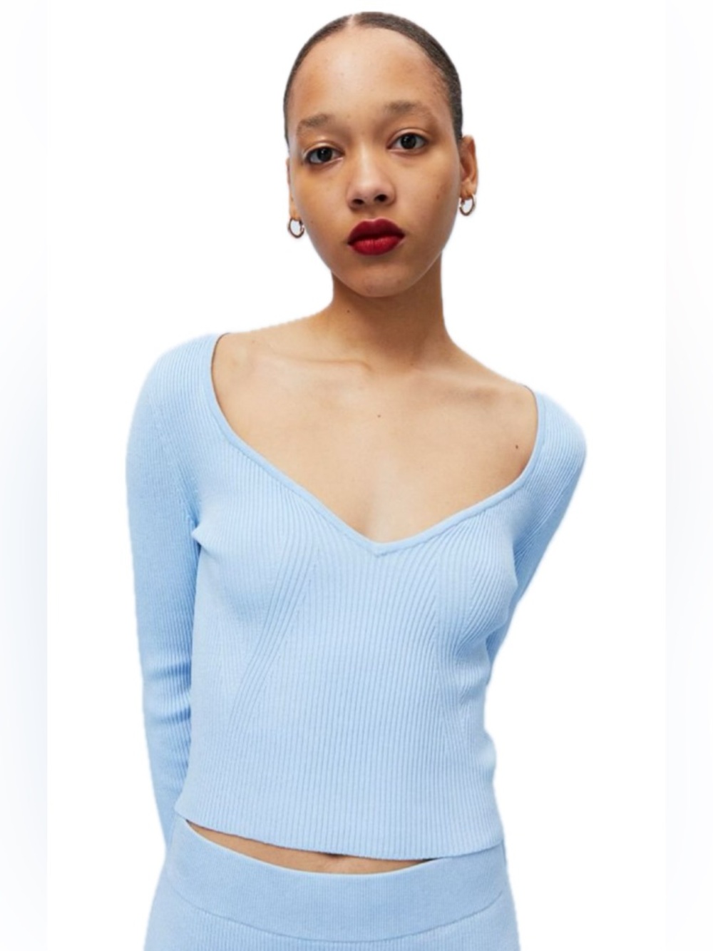 H&M Pale Blue Ribbed V-Neck Sweetheart Knit Cropped Sweater Top Size Large